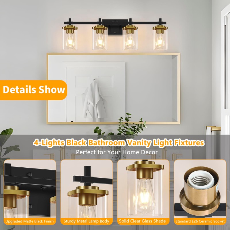 Spiglamm 4-Lights Black and Gold Bathroom Vanity Light, Modern Bathroom