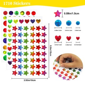 1710 Pcs Star Stickers, Small Stars Stickers for Kids Reward, 30 Sheet Sparkly Holographic Rainbow Round Stickers, Glitter Foil Heart Stickers for Behavior Chart Classroom Supplies DIY Decorations