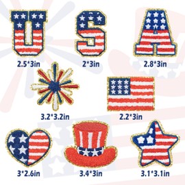 8 Pcs Patriotic Chenille Patches American Flag Fireworks Heart Star 2nd Amendment Sew Iron on Repair Embroidered Applique USA Christmas DIY Craft Gifts for Army Military Uniform Clothing Backpack Hat