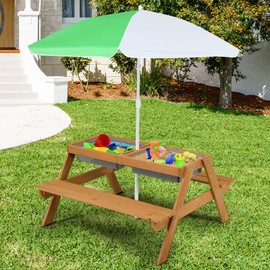 KOTEK Kids Picnic Table, 4 in 1 Sand and Water Table w/Detachable Tabletop, 2 Removable Play Boxes, Foldable & Height Adjustable Umbrella, Wood Sensory Table and Bench for Outdoors, Indoors (Natural)