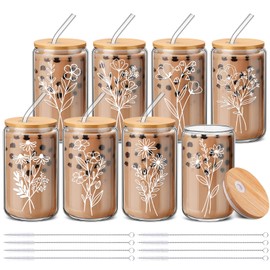 RimCereal 8 Pcs Wildflower Glass Cups with Lids and Straws Back to School Teacher Gifts 16 oz Cute Floral Iced Coffee Mugs Tumbler Bulk Aesthetic Bridesmaid Proposal Gifts for Women Her (Cute)