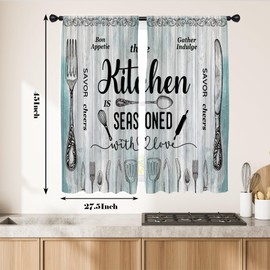 EGLGCC Farmhouse Kitchen Curtains Rustic Country Fork Knife Spoon Utensils Teal Vintage 27.5W x 45L Inch Rod Pocket Curtain for Window Short Tier Cartoon Cafe Room Drapes Treatment Fabric 2 Panels