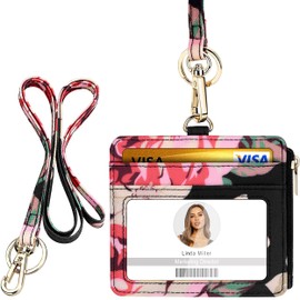 Soporte para tarjetas de identificación con cordón, con 1 ventana transparente para identificación, 4 ranuras para tarjetas y un cordón desmontable para el cuello (horizontal, patrón floral 1)