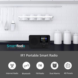 LEMEGA IR1 Portable WiFi Internet Radio,FM Digital Radio,Bluetooth Speaker,Dual Alarms Clock,Sleep Snooze Timer,40 Presets, Headphone-Output,Colour Display,Batteries or Mains Powered – Black Finish