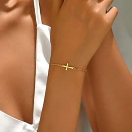 foyjoey 18K Gold Plated Sideways Cross Bracelets for Women Simple Gold Religious Charm Bracelet Stainless Steel Dainty Satellite Beaded Link Chain Bracelet Christian Jewelry