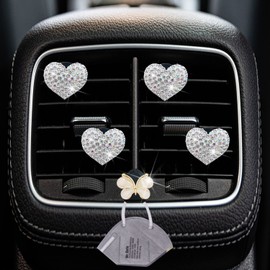 Bling Heart Air Vent Clips, 4 Pcs Silver Heart Car Air Fresheners Vents Clips Car Diffuser Diamond Car Interior Decor Charm Cute Car Accessories Car Decoration for Women + Cute Butterfly Mask Hook