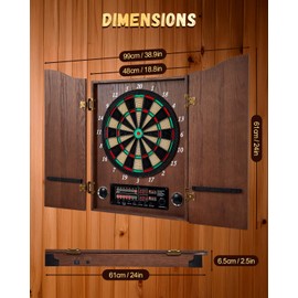 Yirinatek Electronic Dart Board, Decorative Dart Board Cabinet Set for Adults [12*Bronze Soft Tip Darts] [Cricket Game Mode]- Wooden Electric Dartboard Cabinet for Family Game Rooms (Coffee)