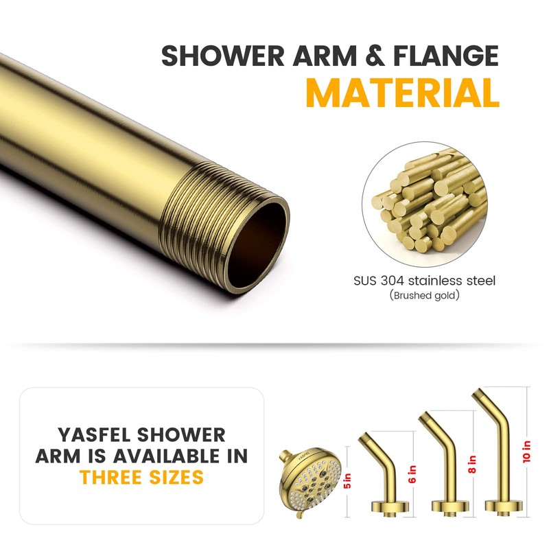 YASFEL Brushed Gold Shower Arm 6" Shower Extension Arm Pipe