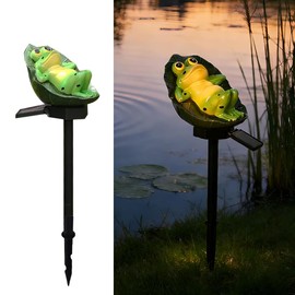 YZYOE Solar Powered Lotus Leaf Frog Light, Garden Decoration Resin Cute Animal Ground lamp, Wireless Dusk to Dawn LED Light Waterproof.