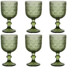 Taganov Green Glasses Drinking Wine Water Goblets Glassware set of 6 Vintage Stemware 12 Ounces for Wedding Party Bar Floral Pattern 350 ml