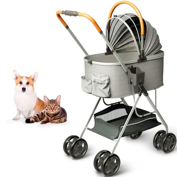 Dog Stroller, Pet Stroller, Cat Stroller – Zipperless Entry, Easy Fold with Removable Liner, Storage Basket + Cup Holder + Cooling Gel Pad
