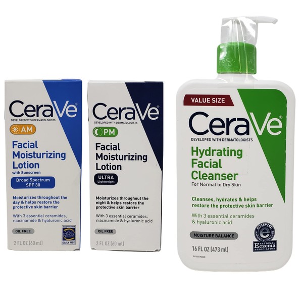 CeraVe Daily Skincare Facial Bundle - Hydrating Facial Cleanser (16 oz), AM Facial Moisturizing Lotion with Sunscreen (2 oz), and PM Facial Moisturizing Lotion (2 oz)