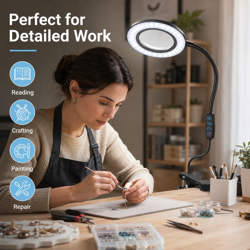 LED Magnifying Glass Lamp for Close Work – 5X/10X Lighted