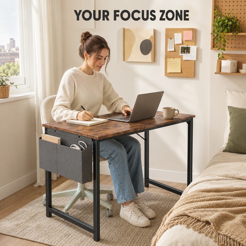 Computer Desk with Storage Bag, Metal Frame Study Table