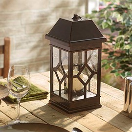 Smart Solar San Felipe II Outdoor LED Solar Lantern with Hanging Loop and Real Seeded Glass Shade, Solar-Powered Hanging Lantern for Gardens and Patios, Bronze