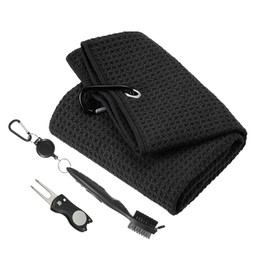PATIKIL 16"x16" Tri-fold Golf Towels, Microfiber Waffle Pattern Towels with Club Groove Cleaning Brush and Foldable Divot Tool for Golf Bags Club, Black