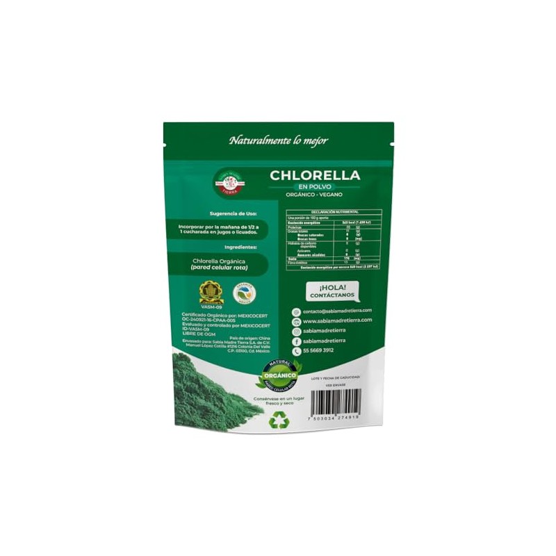 SABIA MADRE TIERRA Chlorella Orgánica Certificada 160g , Pared celular