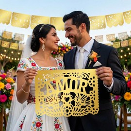 6 Pack Papel Picado Wedding Banner Gold, 120 ft Plastic Flags