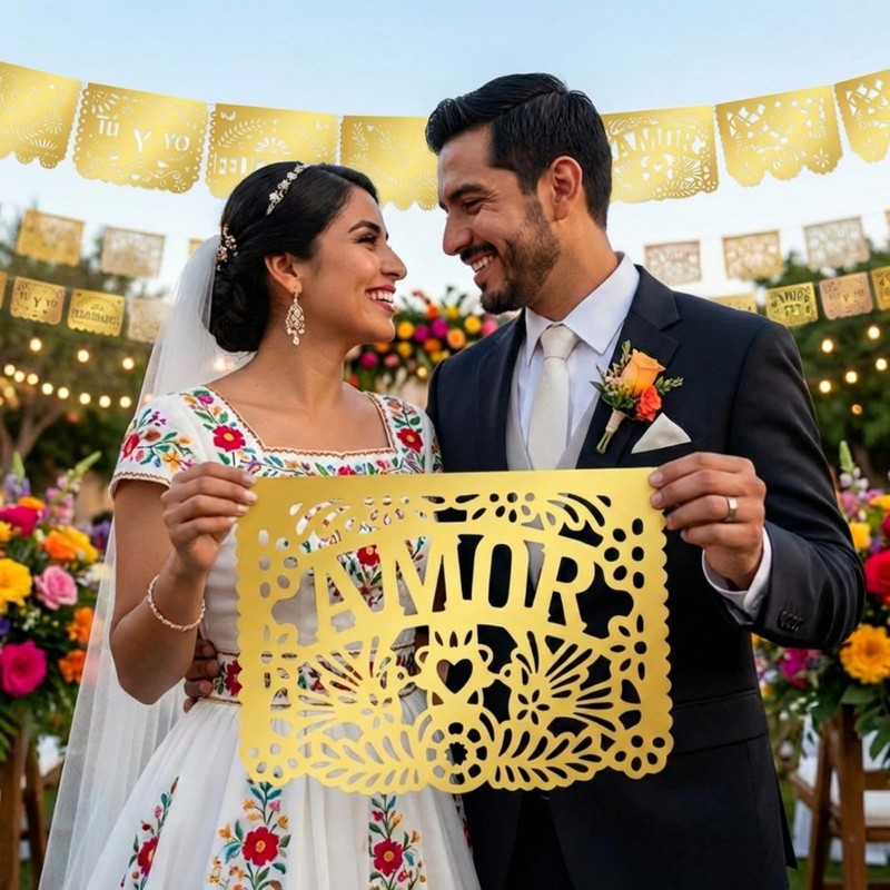 6 Pack Papel Picado Wedding Banner Gold, 120 ft Plastic