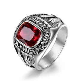 MASOP Vintage Red Stones Stainless Steel Mens Rings Engraved High School Flying Eagle Size 8