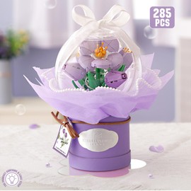 MEIEST Flower Building Blocks Set with Dust-Proof Dome,Simulation Bouquet for Valentine's Day,Bonsai Building Bricks Toys,Home Decor (Tulip)