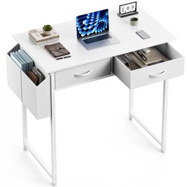 Sweetcrispy Computer Desk Small 32 Inch Home Office Bedroom Writing Study PC Table with Fabric Storage Drawers Space Side Bag Headphone Hook Metal Frame Adjustable Feet Modern Simple Style, White Wood
