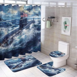 TOWINSFB 4Pcs American Flag Submarine Shower Curtain, Military Airplane Sea Wave Shower Curtain Sets with Toilet Lid Cover, U-Shaped Mat and Non-Slip Rugs, Bathroom Decor Set, 72" x 72"
