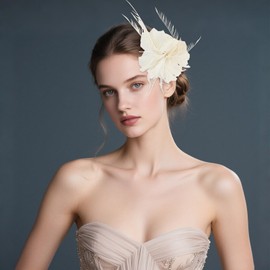 CURASA Fascinators Hat for Women Tea Party Hats White Flower Headband Hair Accessories Feathers Clip Cocktail Ribbon Fancy Headpiece 20s Vintage Headwear Trendy Outfit Wedding Party Church Lady Girls