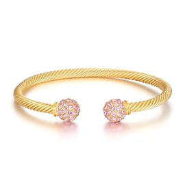 THE BLING KING New 4mm Gold Plated Ball Torque Bangle Bracelet with Stones – 7.5/8 Inch, 17g (Gold with Pink stones)