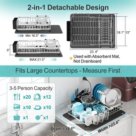 GSlife Large Capacity Expandable Dish Drying Rack with Absorbent Mat, 2-Piece Stainless Steel Dish Drainer Set for Counter with Removable Over Sink Rack, Family Size 15" W x 16.5"-21.5" L, Silver