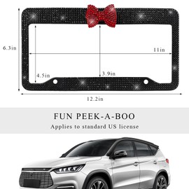 DXNQ 2 PCS Bling License Plate Frame, Handcrafted Rhinestone License Plate Frame with Ribbon Bow, Bling Stainless Steel License Plate Frame with Mounting Kit, Car Accessories (Black+Red)