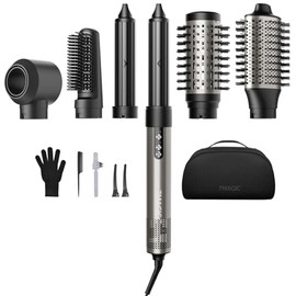 7MAGIC Cepillo secador y moldeador 6 en 1, plateado, 125 voltios, 1200 vatios, tecnología iónica, secado rápido, multiusos para cabello liso, ondulado, rizado y encrespado.
