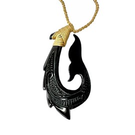 Zero Gravity Hawaii Hawaiian Jewelry Carved Fish Hook Black Buffalo Bone Whale Tail Necklace