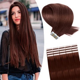 Fimislosion Tape in Hair Extensions Human Hair, 20 Inch Dark Auburn Real Human in, Invisible Tape ins Hair Extensions for Women, Seamless in 20Pcs 50Gram
