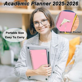 Day Planner 2025-2026, 6.1" x 8.3", Jul.2025-Jun.2026, Weekly and Monthly Planner, 2025 Agenda with Tabs & Pocket, 100GSM Thick Paper, Pink