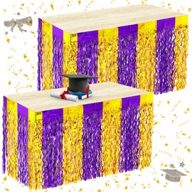 Oudain Graduation Party Decorations, 2 Pack Gongrats Grad Wavy Metallic Tinsel Foil Fringe Table Skirts for Rectangle and Round Table Class of 2025 Party Supplies Decor(Purple Gold)