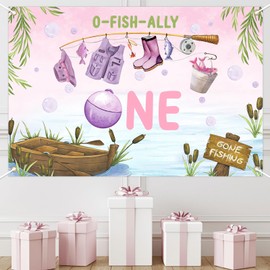 SHADOAMP Ofishally One Birthday Themed Backdrop 5x3ft First Fishing Birthday Decoration Banner Vinyl Background for Girls Gone Fishing 1st One Year Old Bday Photography Props Party Supplies