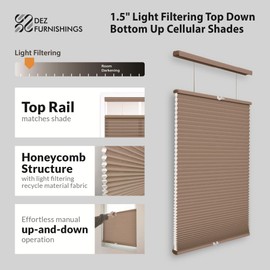 DEZ FURNISHINGS Cordless 1.5" Light Filtering Top Down Bottom Up Cellular Shade, 58" W x 60" H, Latte