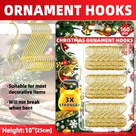 160 Pcs Christmas Ornament Hooks Gold S-Shaped Hangers with Storage Box Christmas Tree Hooks for Ornaments, Xmas Ornament Hangers for Tree Decoration