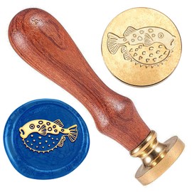 DELORIGIN Puffer Fish Wax Stamp, 1" Brass Wax Sealing Stamp Classic Fish Wax Stamp Head with Wooden Handle for Envelopes Decoration Party Invitations Cards Wine Packages Gift Packing