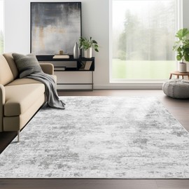 Cochyean Area Rug 4x6, Modern Abstract Bedside Rug, Machine Washable Non Slip Rugs for Bedroom, Low Pile Stain Resistant Distressed Rug for Nursery, Living Room, Dining Room, Light Grey