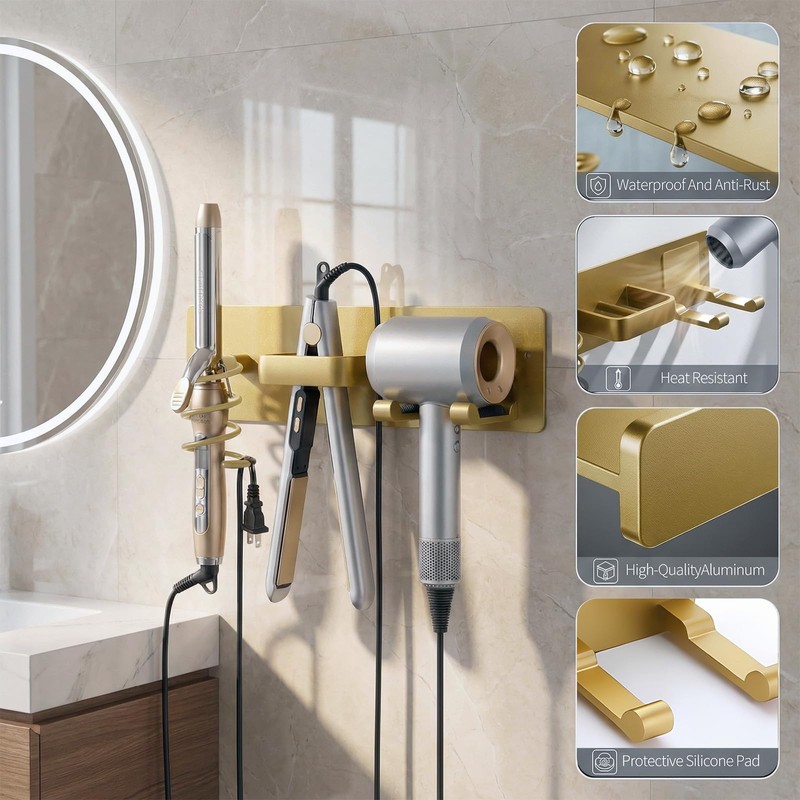 Hair Dryer Holder Hair Tool Organizer Metal Wall Mount (Gold)