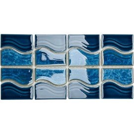 Tenedos Navy Ocean Blue Wavy Porcelain Lineup Border Pool Wall Floor Tile Backsplash on 6x12 Mesh Mounted Easy Installation for Bathroom, Kitchen, Accent Decor, Shower, Swimming Pool, Spas (1 Piece)