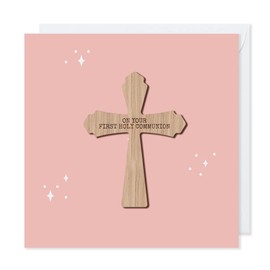 First Holy Communion Card for Girl with Removeable Wooden Cross Keepsake (Pink, First Holy Communion)