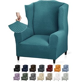 YEMYHOM 1 Piece Stretch Wingback Chair Slipcover Latest Jacquard Design Wing Chair Cover Non Slip Furniture Protector with Foam Rods for Living Room (Wing Chair, Peacock Blue)