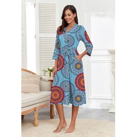 PrinStory Bathrobes Women's Lightweight Kimono Robes 3/4 Sleeves Women's Dressing Gown Long Sleepwear Casual Loungewear Sauna Gown, Blue mix, M