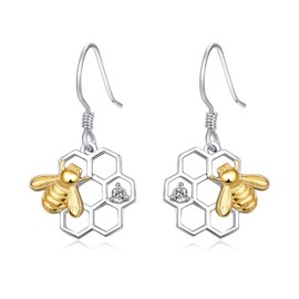 TANGPOET Bee Drop Earrings 925 Sterling Silver Honeycomb Bee Dangly Earrings Jewellery Gifts Valentines Day Birthday Gifts for Women Ladies Girls