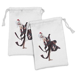Ambesonne Anime Fabric Pouch Set of 2, Posing Warrior Girl in Manga Style Japanese Culture Themed Illustration Art, Small Drawstring Bag for Toiletries Masks and Favors, 9" x 6", Red White and Black