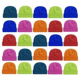 25 Pieces Kids Winter Beanies, Boys Girls Knitted Cuffed Stretchy Toboggan Skull Cap (US, Alpha, One Size, Assorted Bright Colors)