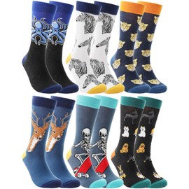 Men Funny Socks Fun Dress Cozy Crazy Cute Fashion Novelty Fun Gift Breathable Cotton Crew Socks Stocking Stuffers for Mens(Dark Animal(6 Pairs),L)